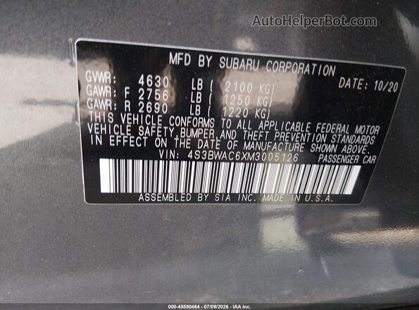 4S3BWAC6XM3005126 2021 SUBARU LEGACY Gray Engine compartment view
