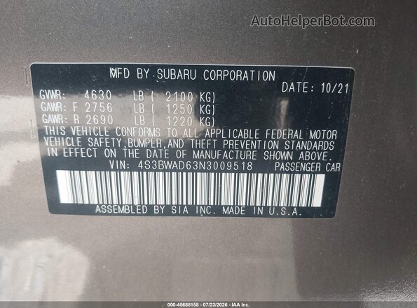 4S3BWAD63N3009518 2022 SUBARU LEGACY Silver Вид підкапотного простору