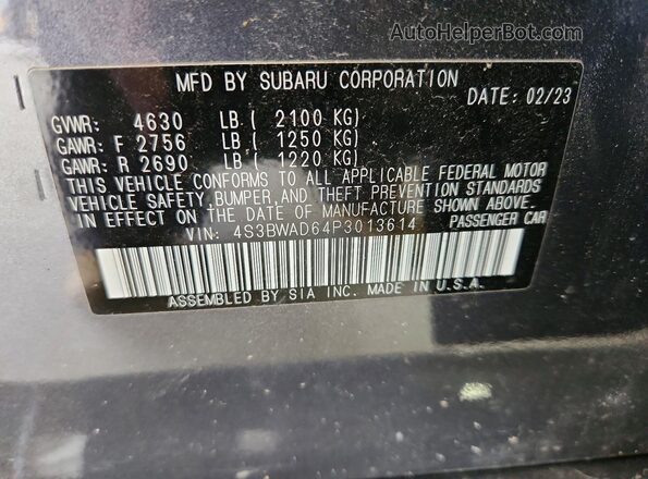 4S3BWAD64P3013614 2023 SUBARU LEGACY Silver VIN կոդի պիտակի տեսք