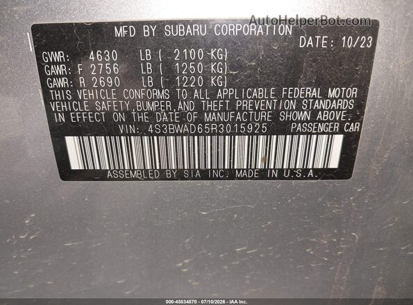 4S3BWAD65R3015925 2024 SUBARU LEGACY Gray Widok komory silnika