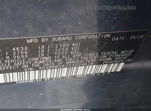 4S3BWAD67S3024678 2025 SUBARU LEGACY Blue Widok komory silnika