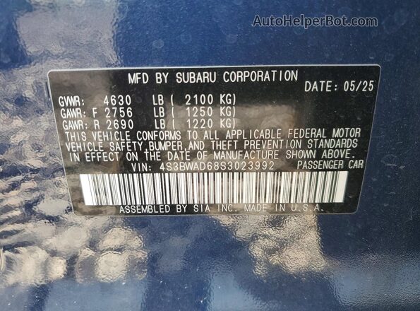 4S3BWAD68S3023992 2025 SUBARU LEGACY Blue ძრავის განყოფილების ხედი