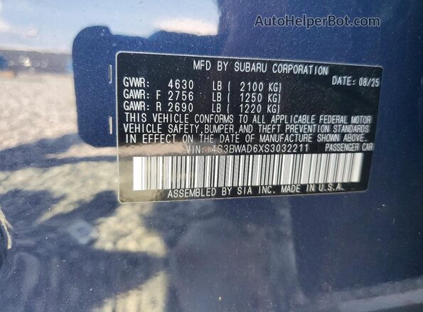 4S3BWAD6XS3032211 2025 SUBARU LEGACY Blue ძრავის განყოფილების ხედი