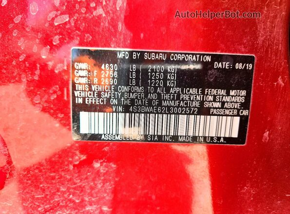 4S3BWAE62L3002572 2020 SUBARU LEGACY Burgundy VIN კოდის სტიკერის ხედი