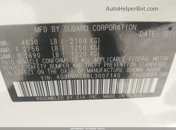 4S3BWAE68L3007145 2020 SUBARU LEGACY White Engine compartment view
