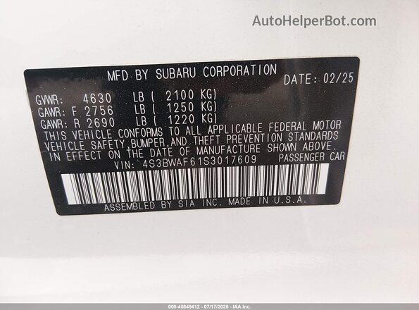 4S3BWAF61S3017609 2025 SUBARU LEGACY White Vista del compartimento del motor