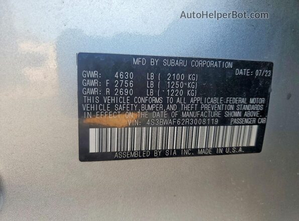 4S3BWAF62R3008119 2024 SUBARU LEGACY Серебряный Вид подкапотного пространства