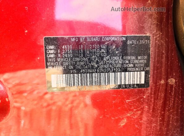 4S3BWAF63N3011122 2022 SUBARU LEGACY Burgundy Շարժիչի բաժամունքի տեսք