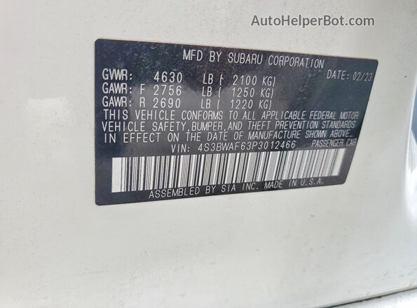 4S3BWAF63P3012466 2023 SUBARU LEGACY White VIN կոդի պիտակի տեսք
