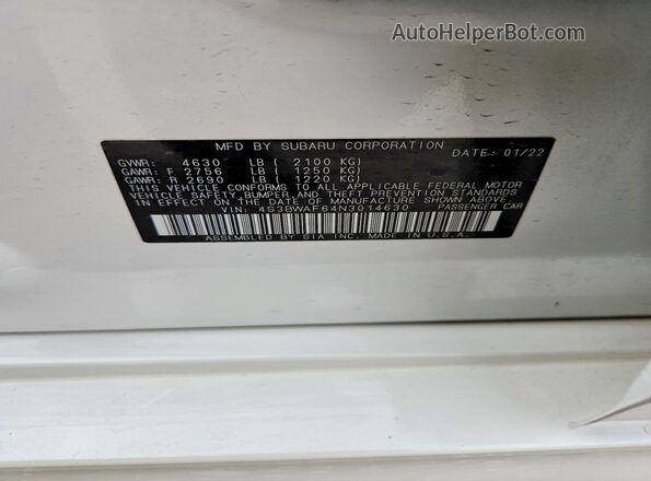 4S3BWAF64N3014630 2022 SUBARU LEGACY White Widok naklejki z numerem VIN