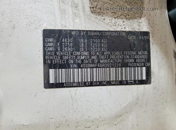 4S3BWAF66R3021228 2024 SUBARU LEGACY White Вид підкапотного простору