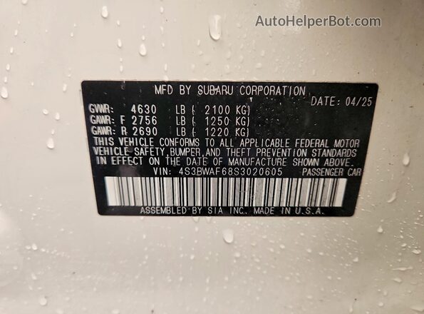 4S3BWAF68S3020605 2025 SUBARU LEGACY White Widok naklejki z numerem VIN