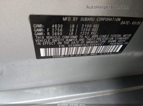 4S3BWAF6XL3024687 2020 SUBARU LEGACY Blue Widok komory silnika