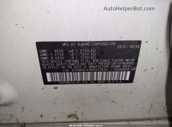 4S3BWAF6XM3002948 2021 SUBARU LEGACY White Vista del compartimento del motor