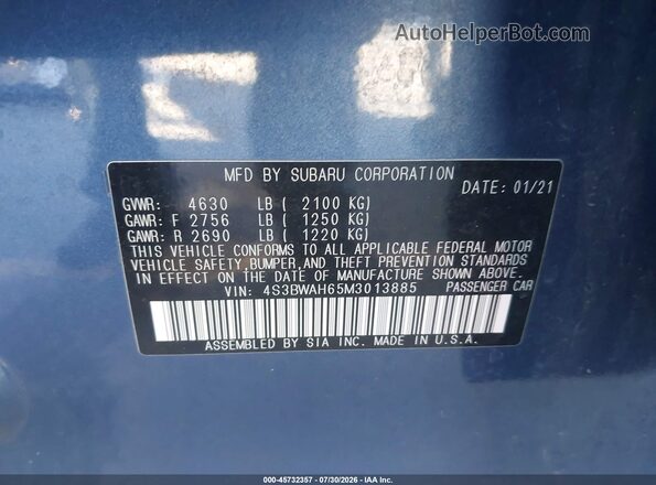 4S3BWAH65M3013885 2021 SUBARU LEGACY Blue Շարժիչի բաժամունքի տեսք