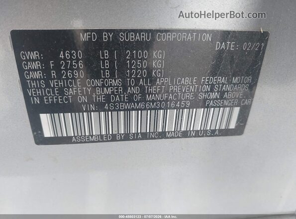 4S3BWAM66M3016459 2021 SUBARU LEGACY Silver ძრავის განყოფილების ხედი