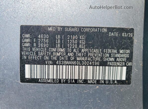 4S3BWAN60L3024196 2020 SUBARU LEGACY Silver VIN sticker view