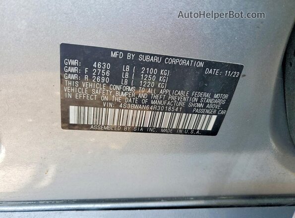 4S3BWAN64R3018541 2024 SUBARU LEGACY Серебряный Вид наклейки с VIN-кодом