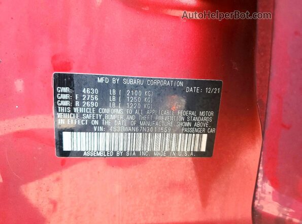 4S3BWAN67N3011559 2022 SUBARU LEGACY Red Շարժիչի բաժամունքի տեսք