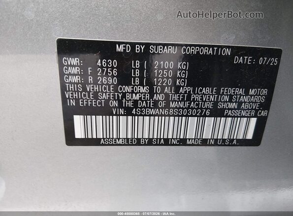 4S3BWAN68S3030276 2025 SUBARU LEGACY Silver Widok komory silnika