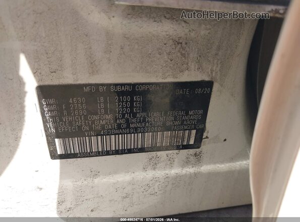 4S3BWAN69L3033060 2020 SUBARU LEGACY White ძრავის განყოფილების ხედი