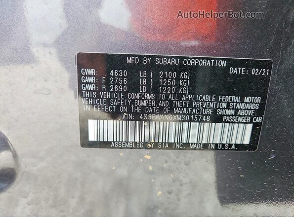 4S3BWAN6XM3015748 2021 SUBARU LEGACY Charcoal ძრავის განყოფილების ხედი