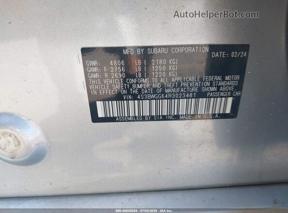 4S3BWGG64R3023481 2024 SUBARU LEGACY Silver Вид підкапотного простору