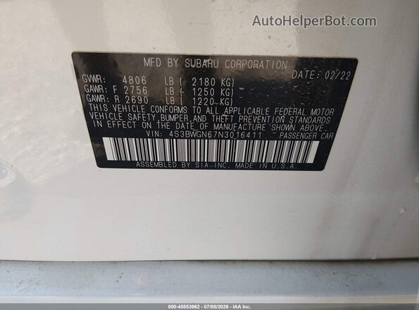 4S3BWGN67N3016411 2022 SUBARU LEGACY White Вид підкапотного простору