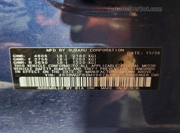 4S3BWGP66M3007615 2021 SUBARU LEGACY Blue Vista del compartimento del motor