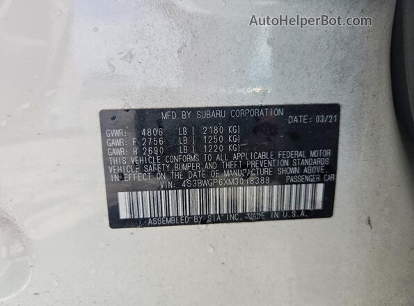 4S3BWGP6XM3018388 2021 SUBARU LEGACY White VIN կոդի պիտակի տեսք