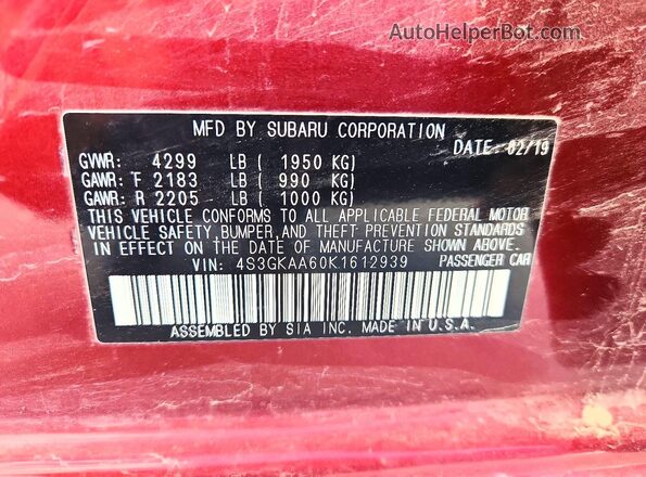 4S3GKAA60K1612939 2019 SUBARU IMPREZA Красный Вид наклейки с VIN-кодом