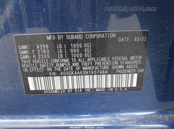 4S3GKAA63N1607464 2022 SUBARU IMPREZA Blue Vista del compartimento del motor