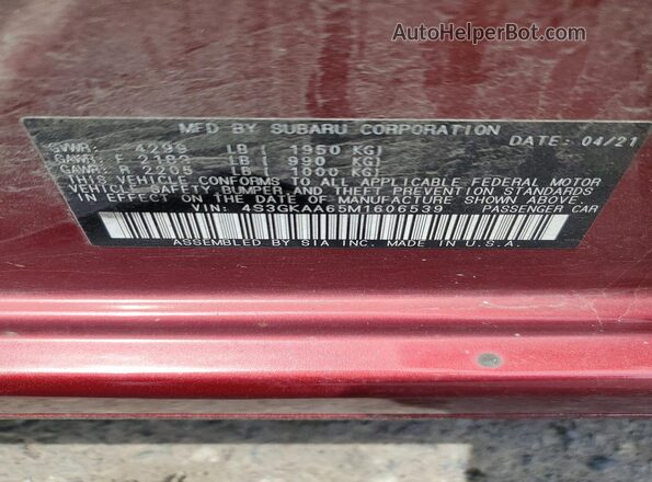 4S3GKAA65M1606539 2021 SUBARU IMPREZA Красный Вид наклейки с VIN-кодом