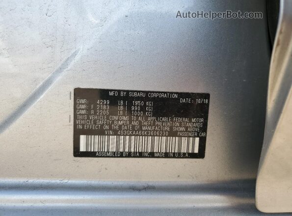 4S3GKAA66K3606230 2019 SUBARU IMPREZA Silver Vista de la etiqueta del VIN