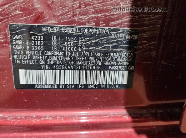 4S3GKAA69L1610995 2020 SUBARU IMPREZA Burgundy Widok naklejki z numerem VIN