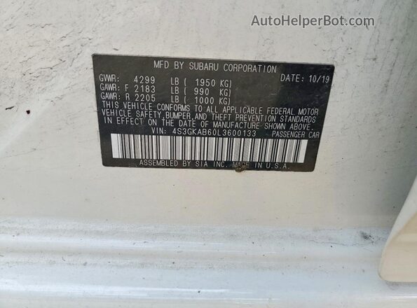 4S3GKAB60L3600133 2020 SUBARU IMPREZA White Вид підкапотного простору