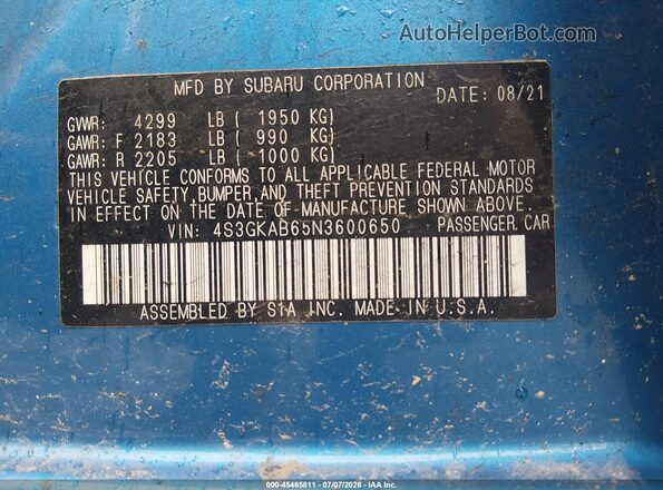 4S3GKAB65N3600650 2022 SUBARU IMPREZA Blue Widok komory silnika