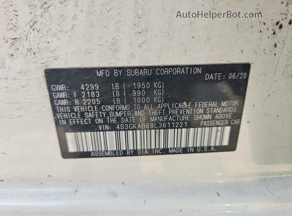 4S3GKAB68L3611221 2020 SUBARU IMPREZA Белый Вид подкапотного пространства