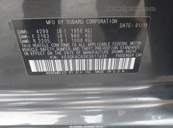 4S3GKAC60K3611436 2019 SUBARU IMPREZA Gray Vista del compartimento del motor