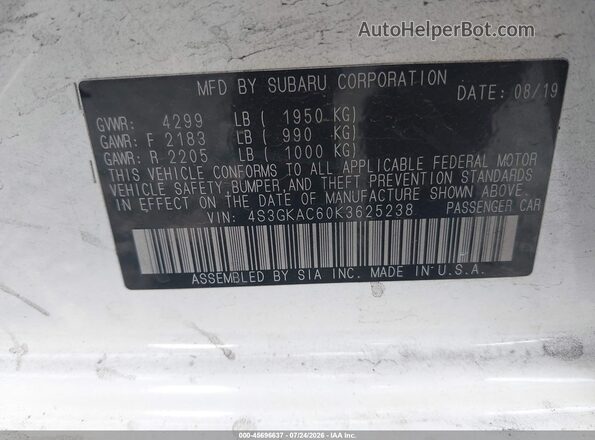 4S3GKAC60K3625238 2019 SUBARU IMPREZA Белый Вид подкапотного пространства