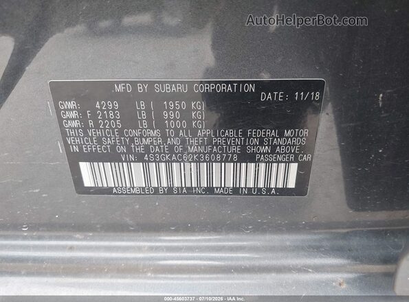 4S3GKAC62K3608778 2019 SUBARU IMPREZA Gray Widok komory silnika