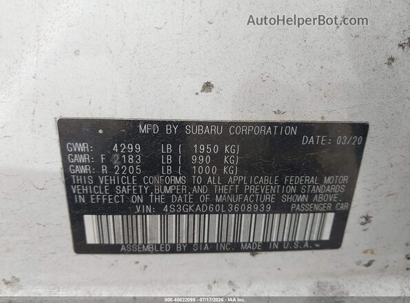 4S3GKAD60L3608939 2020 SUBARU IMPREZA White ძრავის განყოფილების ხედი