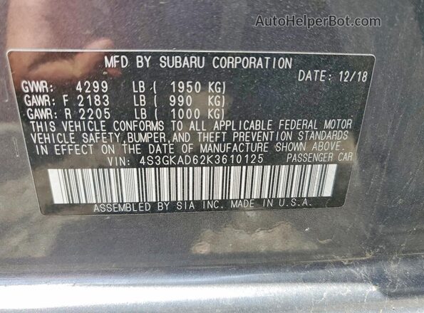 4S3GKAD62K3610125 2019 SUBARU IMPREZA Charcoal Vista del compartimento del motor