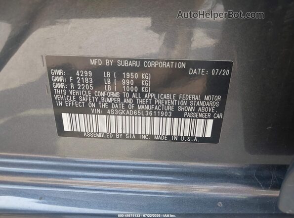 4S3GKAD65L3611903 2020 SUBARU IMPREZA Gray Շարժիչի բաժամունքի տեսք