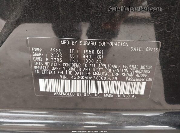 4S3GKAD67K3605079 2019 SUBARU IMPREZA Black ძრავის განყოფილების ხედი