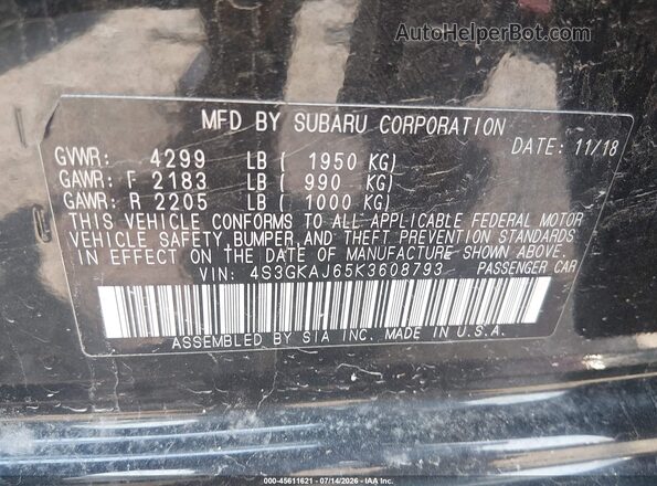 4S3GKAJ65K3608793 2019 SUBARU IMPREZA Black ძრავის განყოფილების ხედი