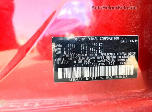 4S3GKAJ65K3611502 2019 SUBARU IMPREZA Красный Вид подкапотного пространства