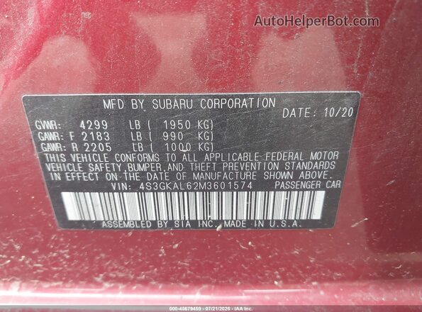 4S3GKAL62M3601574 2021 SUBARU IMPREZA Red Vista del compartimento del motor
