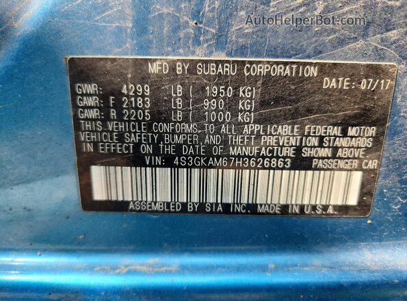 4S3GKAM67H3626863 2017 SUBARU IMPREZA Blue Widok naklejki z numerem VIN
