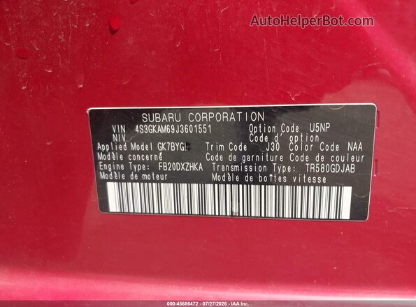 4S3GKAM69J3601551 2018 SUBARU IMPREZA Red Շարժիչի բաժամունքի տեսք